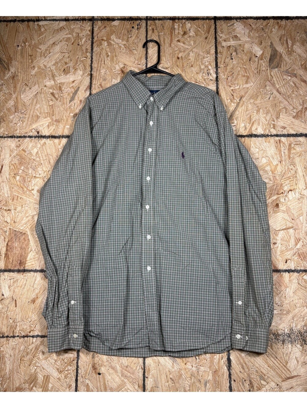 Ralph Lauren Classic Fit Button Down Dress Shirt Green Microcheck Mens XL 17.5